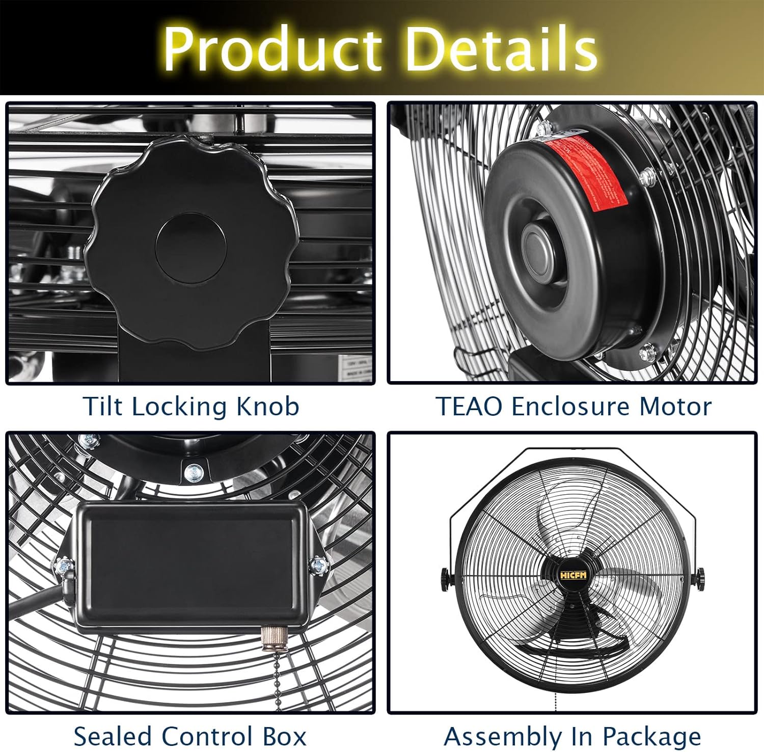 4600 CFM 18 inch High Velocity Wall Mounted Fan, TEAO Enclosure Motor, Safety Yellow Blade, 9 FT Cord, 180 Degree Tilting, 3 Speed Industrial Shop Fan for Patio, Garage Use - UL Listed