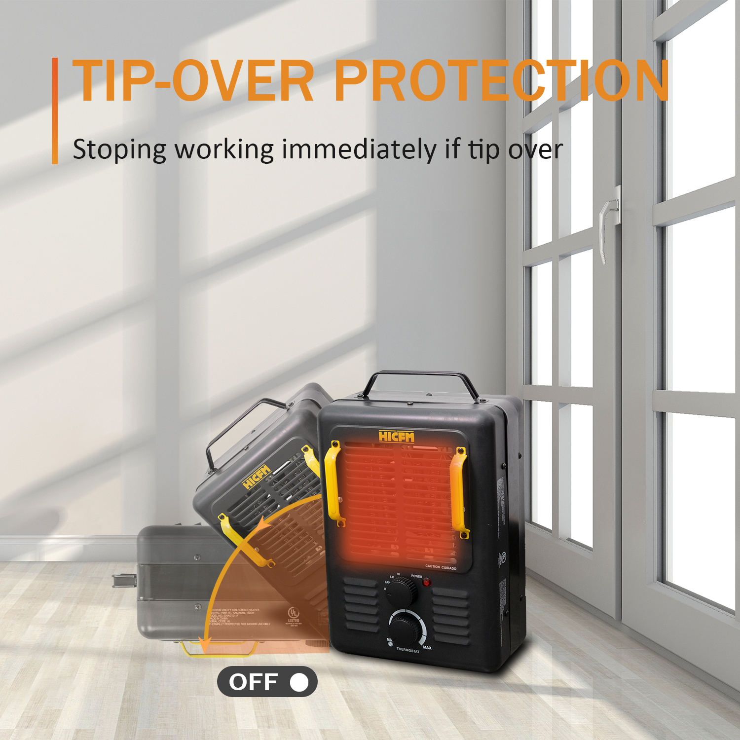 HiCFM Milkhouse Space Heater, 1300W/1500W Electric Heater with Thermostat, Safe and Quiet for Home Office Garage Workshop - UL Safety Listed