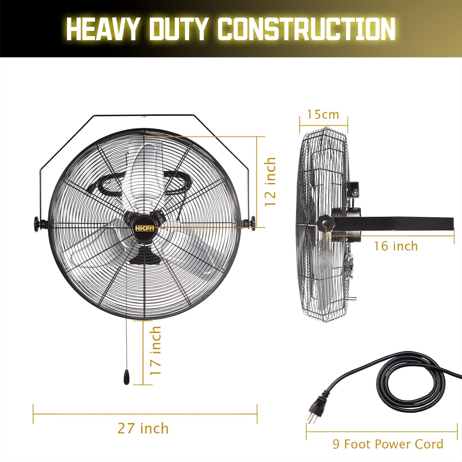 9100 CFM 24 inch Heavy Duty Industrial Wall Mounted Fan with TEAO Enclosure Motor, Permanent Lubricated Ball Bearing, 9 FT Cord, 180Degree Tilting, Safety Yellow Blade Wall Fan - UL Listed