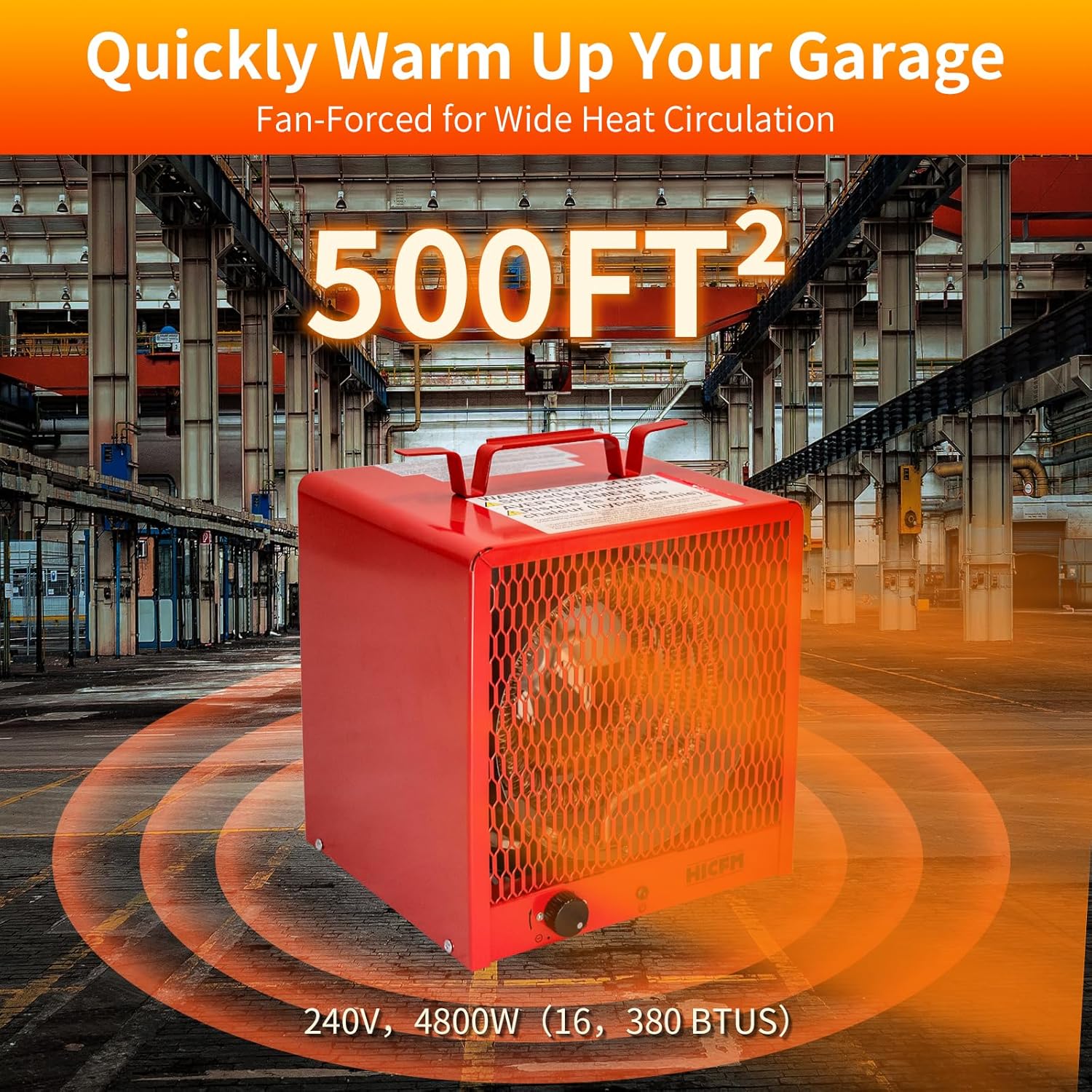 HICFM 240V Electric Garage Heater 4800W Fan-Forced Industrial Heater with Thermostat Control, Fast Heats Up to 500 ft² NEMA 6-30P Plug for Workshop or Factory - UL Listed