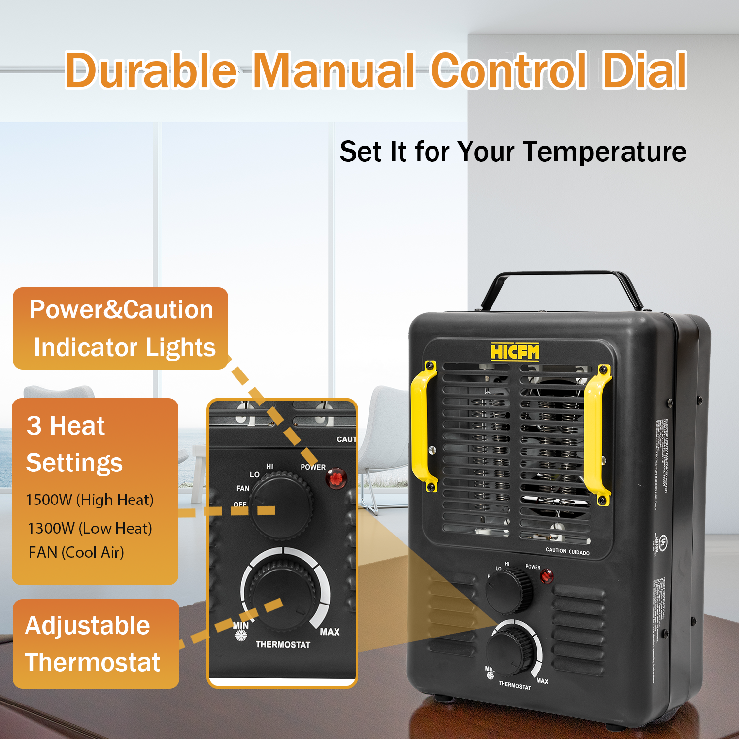 HiCFM Milkhouse Space Heater, 1300W/1500W Electric Heater with Thermostat, Safe and Quiet for Home Office Garage Workshop - UL Safety Listed