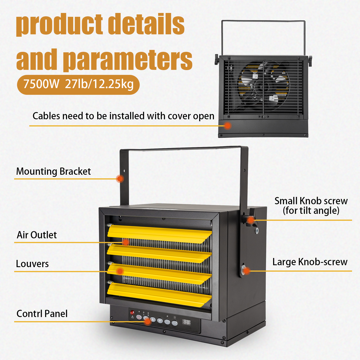 HICFM 7500-Watt 240-Volt Hardwired Electric Fan-Forced Industrial Heater, Wall/Ceiling Mounted, Build-in Digital Thermostat, Remote Control and 12-Hour Timer, Ideal for Garage, Workshop, UL Approved