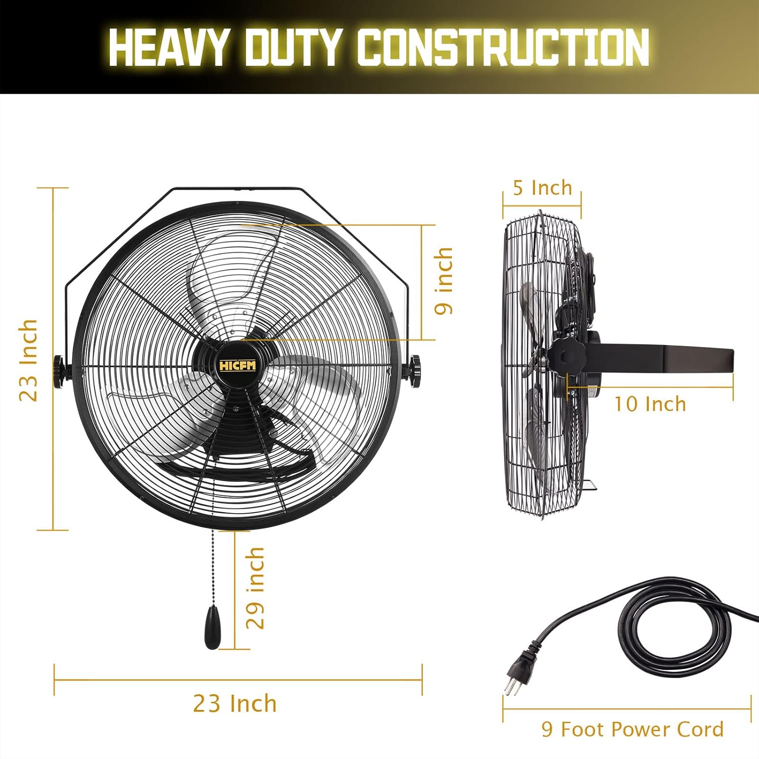 4600 CFM 18 inch High Velocity Wall Mounted Fan, TEAO Enclosure Motor, Safety Yellow Blade, 9 FT Cord, 180 Degree Tilting, 3 Speed Industrial Shop Fan for Patio, Garage Use - UL Listed