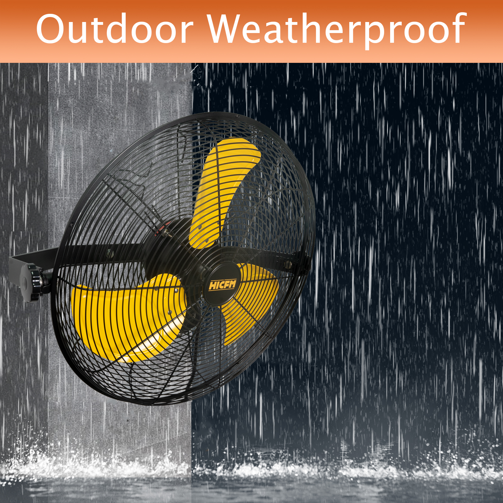HiCFM 4600 CFM 18 inch Outdoor Safety Yellow Wall Mounted Fan with IP44 Enclosure Motor, Sealed Control Box, 9 FT Cord & GFCI Plug, 3-Speed Weatherproof for Patio, Workstation - UL Listed