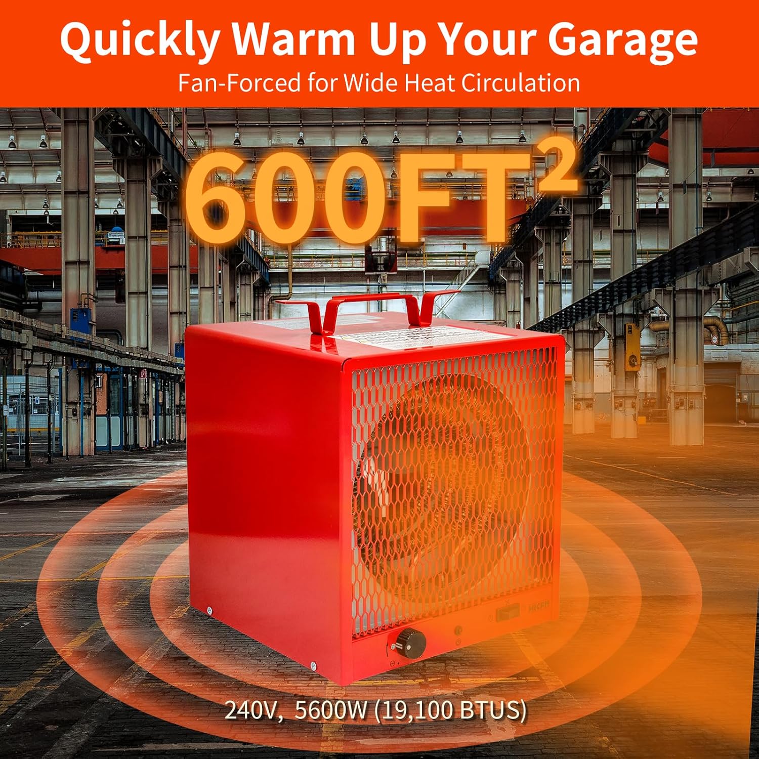 HICFM 240V Fan-Forced Industrial Space Heater 5600W, heats Up to 600 ft². with Fan Only Function, 6ft Cord, Integrated Thermostat Control, Carry Handle and Overheat Protection, UL Safety