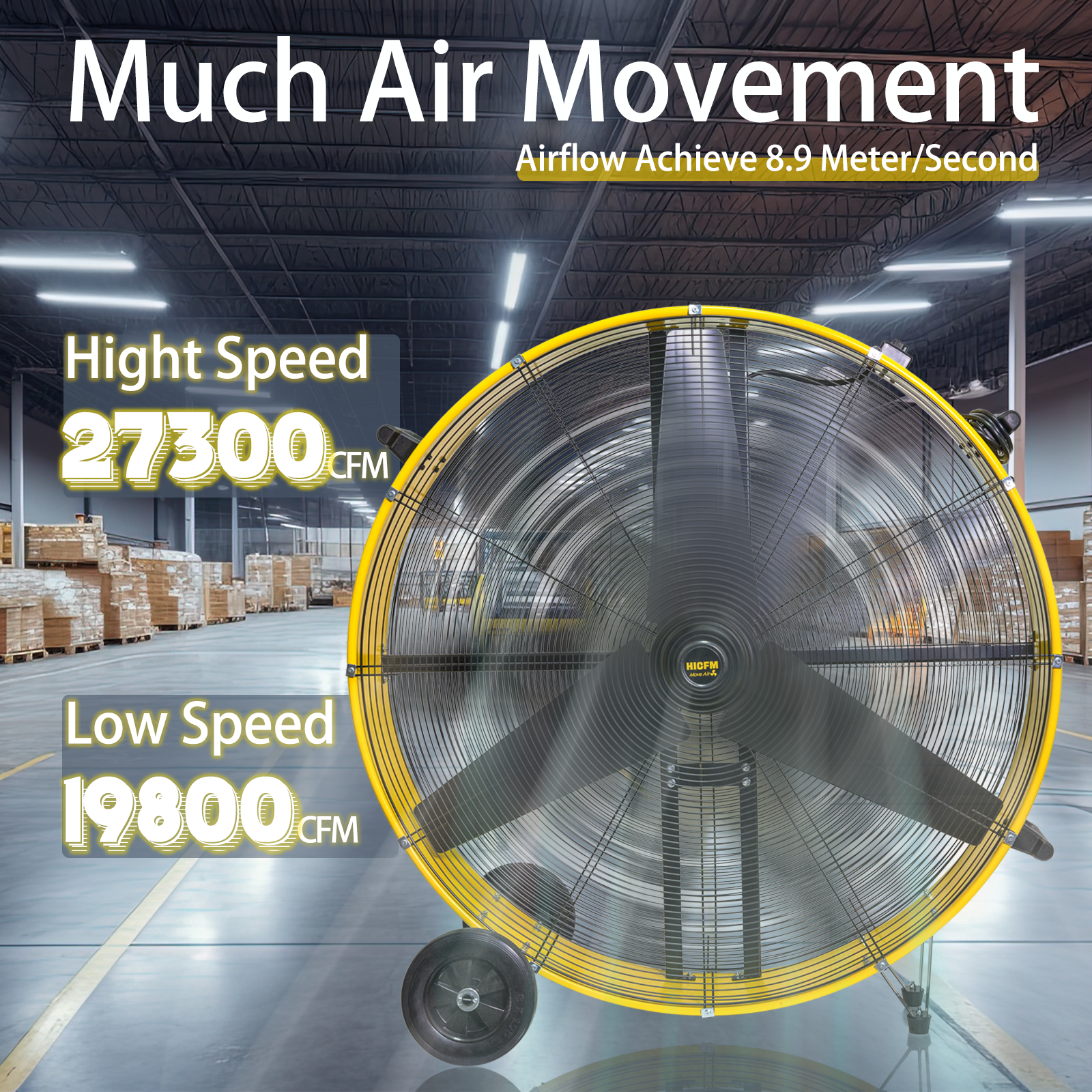 HiCFM 26800 CFM 42 inch Industrial Drum Fan, 4/5HP Powerful Motor, Heavy Duty Barrel Structure, 8 inch Wheels, Move Much Air for Warehouse, Garage or Industrial Commercial Use - CUL Listed