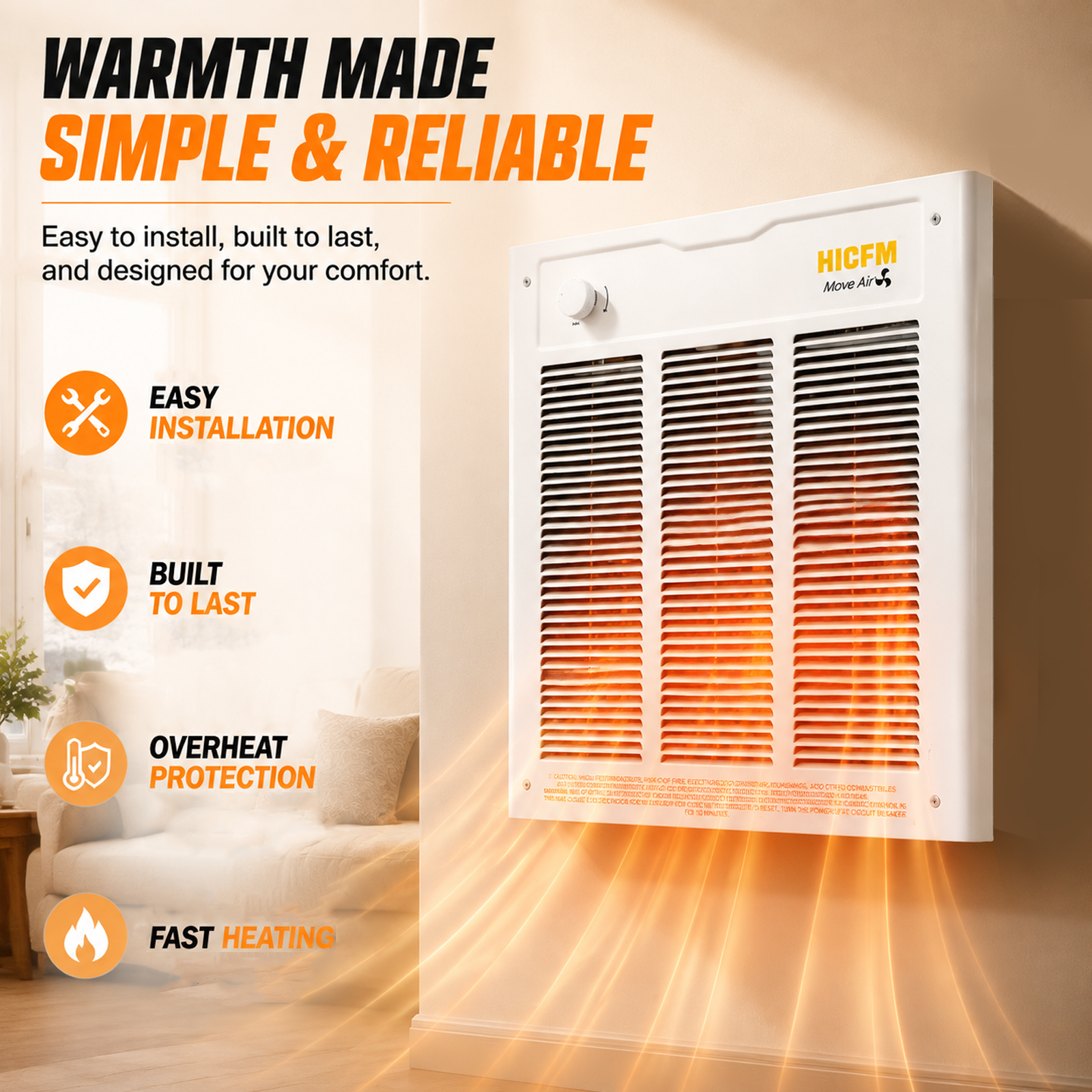 HICFM Electric Fan Forced Wall Heater Fast & Efficient Heating with Thermostat, Enclosed Motor Dual Voltage 240V 4000W 13650BTU (208V 3000W 10236BTU), Install Hole by 14 5/8” Wide X 18 1/2” Tall