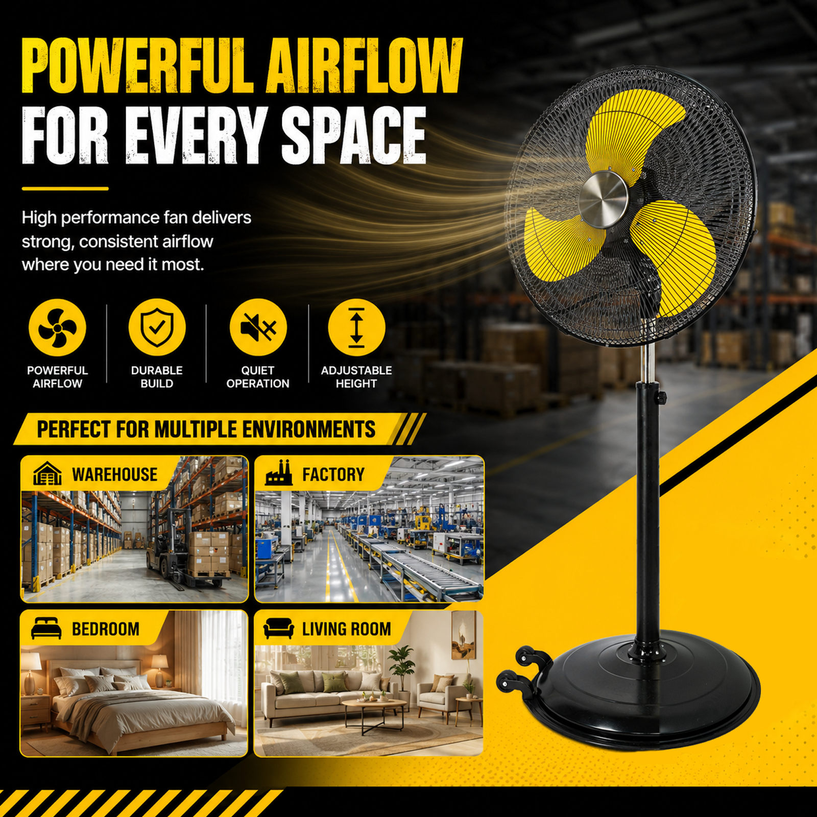 22in Powerful Pedestal Fan, 9 Speeds with 3 modes, 80&deg; Oscillating and 60&deg; Tilting Design, Adjustable Height Stand Fan with Wall Mounted Bracket for Garage, Warehouse, Industrial and Commercial