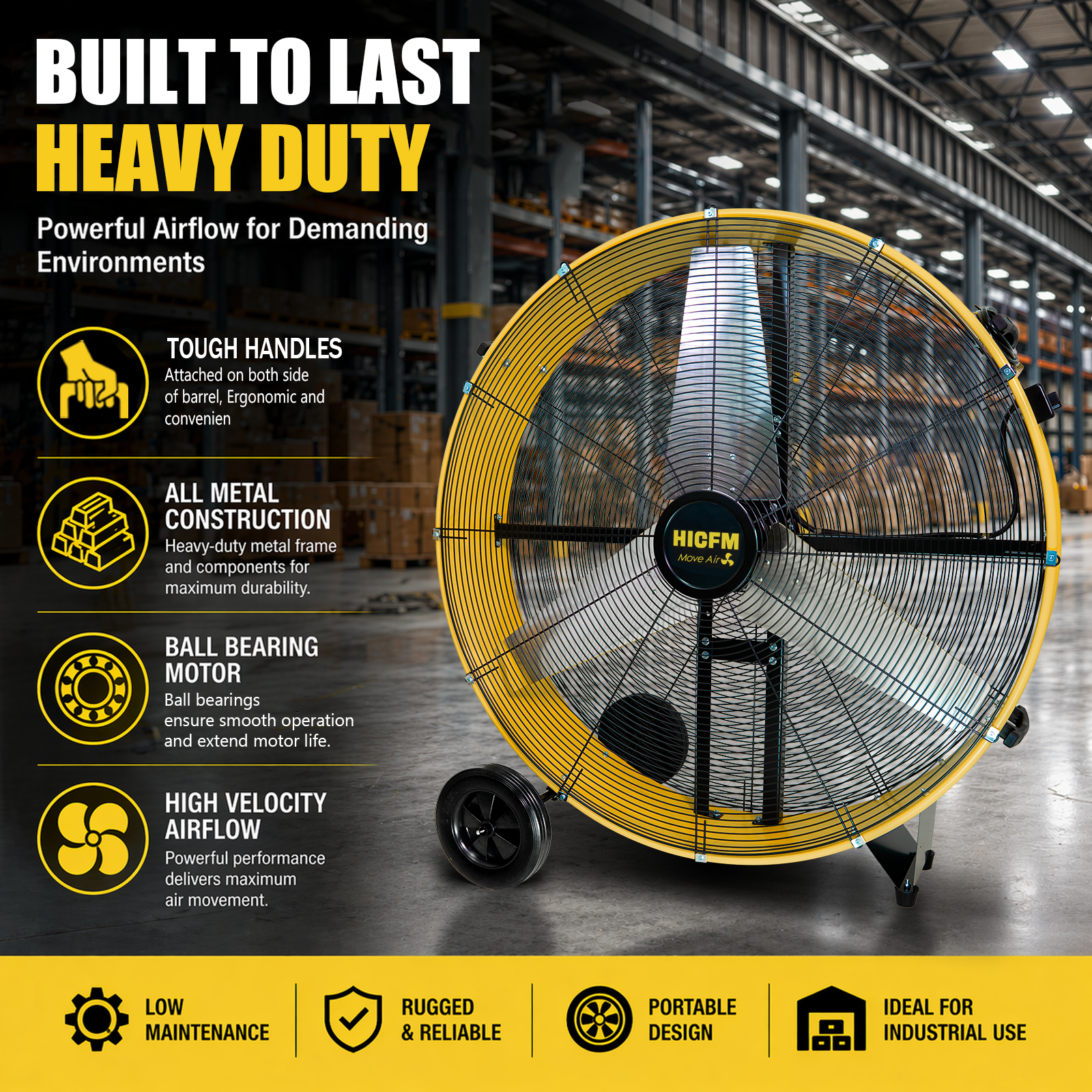HiCFM 42" Industrial Drum Fan 26300 CFM, H-Cross Frame Heavy Duty 4/5HP Powerful Shop Fan for Garage, Warehouse, Gym and Commercial Cooling