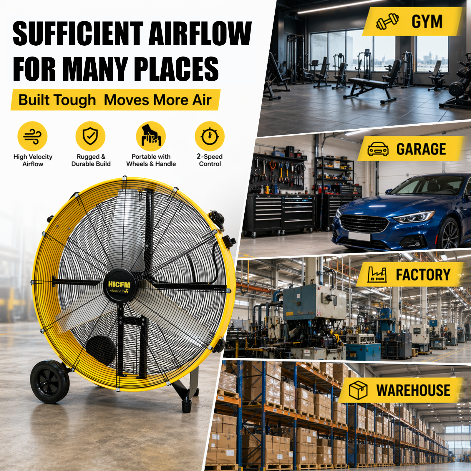 HiCFM 42" Industrial Drum Fan 26300 CFM, H-Cross Frame Heavy Duty 4/5HP Powerful Shop Fan for Garage, Warehouse, Gym and Commercial Cooling