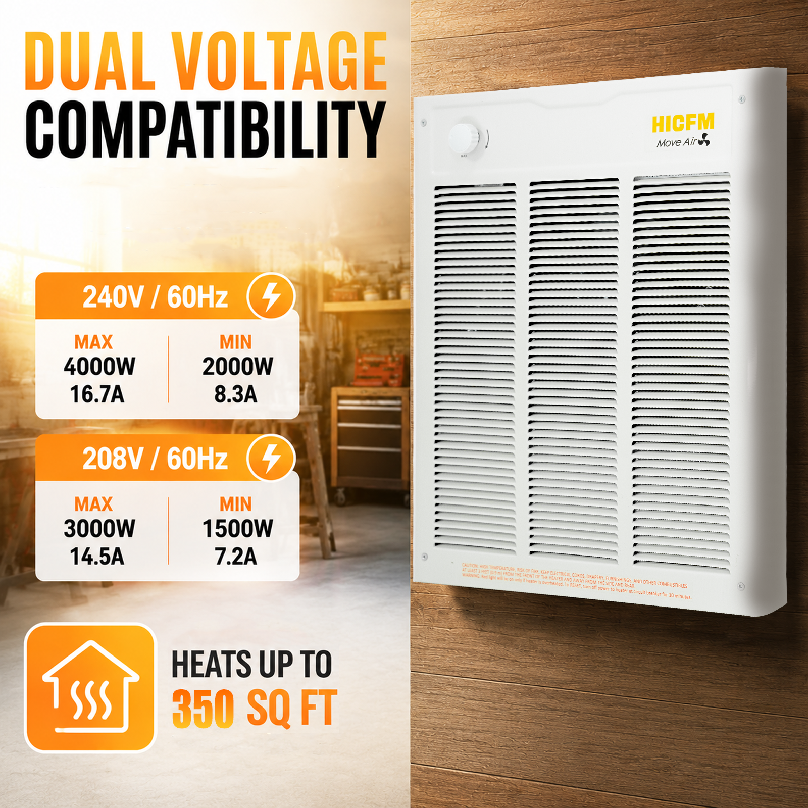 HICFM Electric Fan Forced Wall Heater Fast & Efficient Heating with Thermostat, Enclosed Motor Dual Voltage 240V 4000W 13650BTU (208V 3000W 10236BTU), Install Hole by 14 5/8” Wide X 18 1/2” Tall