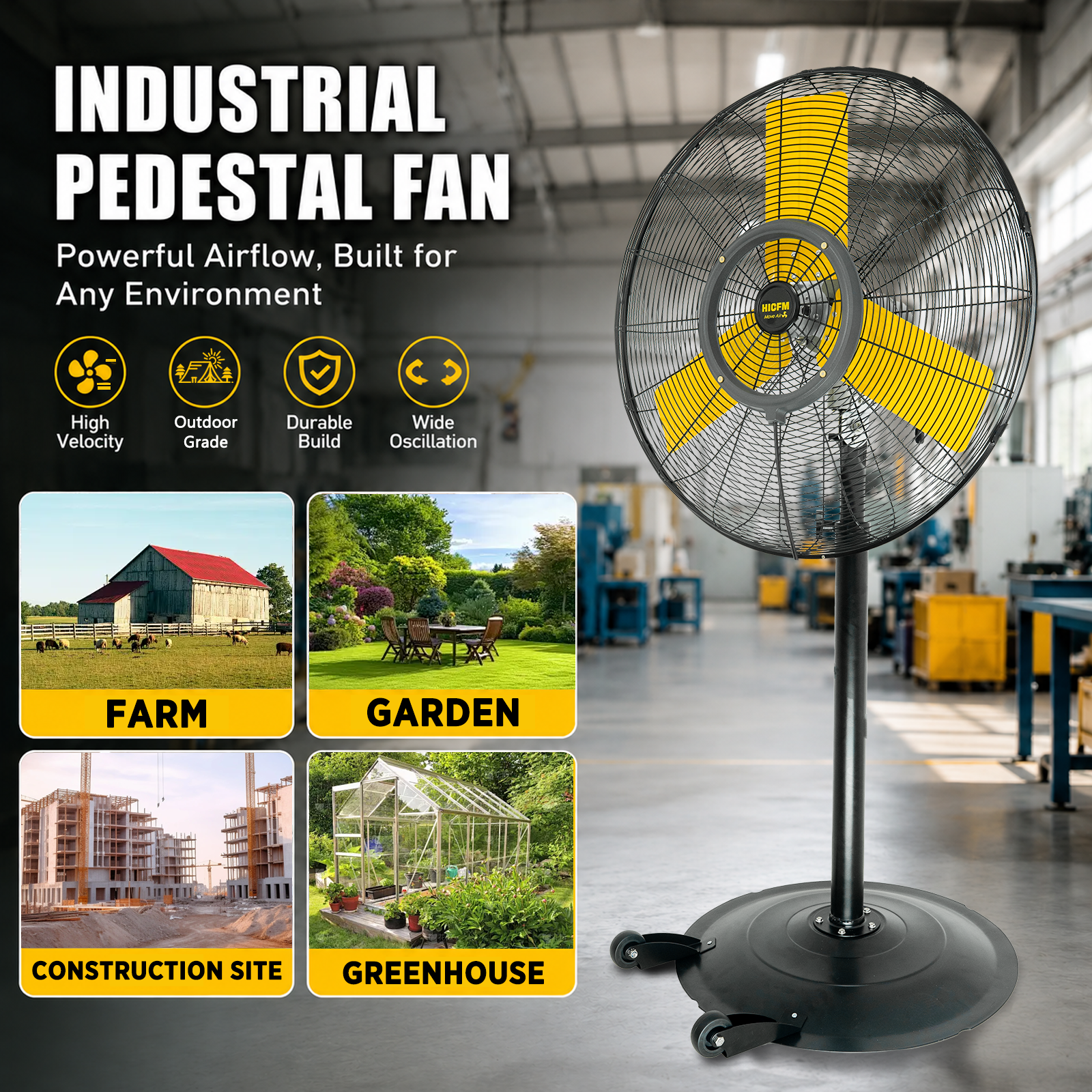 30 inch IP44 Outdoor Oscillation Pedestal Fan, 1/3 HP Powerful Sealed Motor, Base Wheels & Stand Adjustable, High-Velocity Industrial Shop Fan with Misting Kit