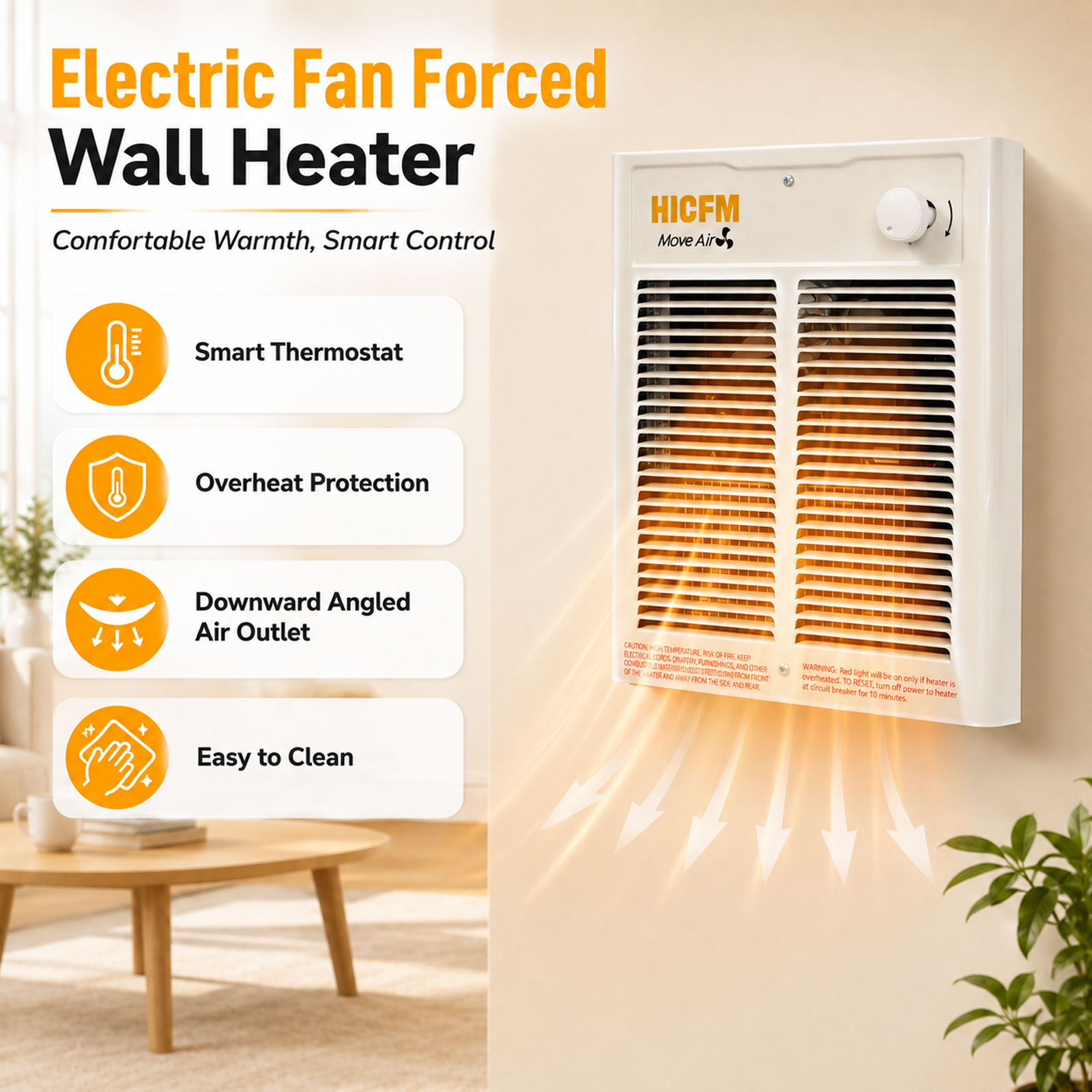 HICFM Electric Fan Forced Wall Heater Compact Unit Fast & Efficient Heating with Thermostat, Dual Voltage 240V 2000W 6825BTU (208V 1500W 5120BTU), Install Hole by 9 1/4” Wide X 11 1/8” Tall