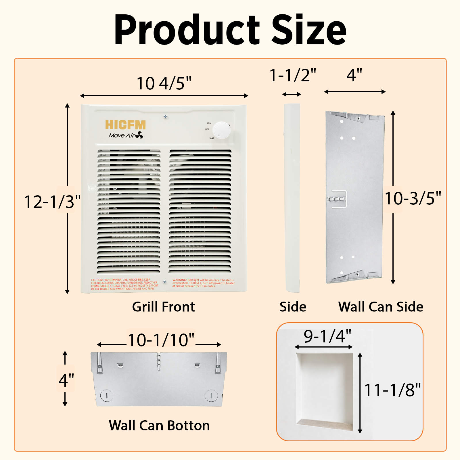 HICFM Electric Fan Forced Wall Heater Complete Unit Fast & Efficient Heating with Thermostat, 120V 1500Watt 5120BTU, Install Hole by 9 1/4” Wide X 11 1/8” Tall