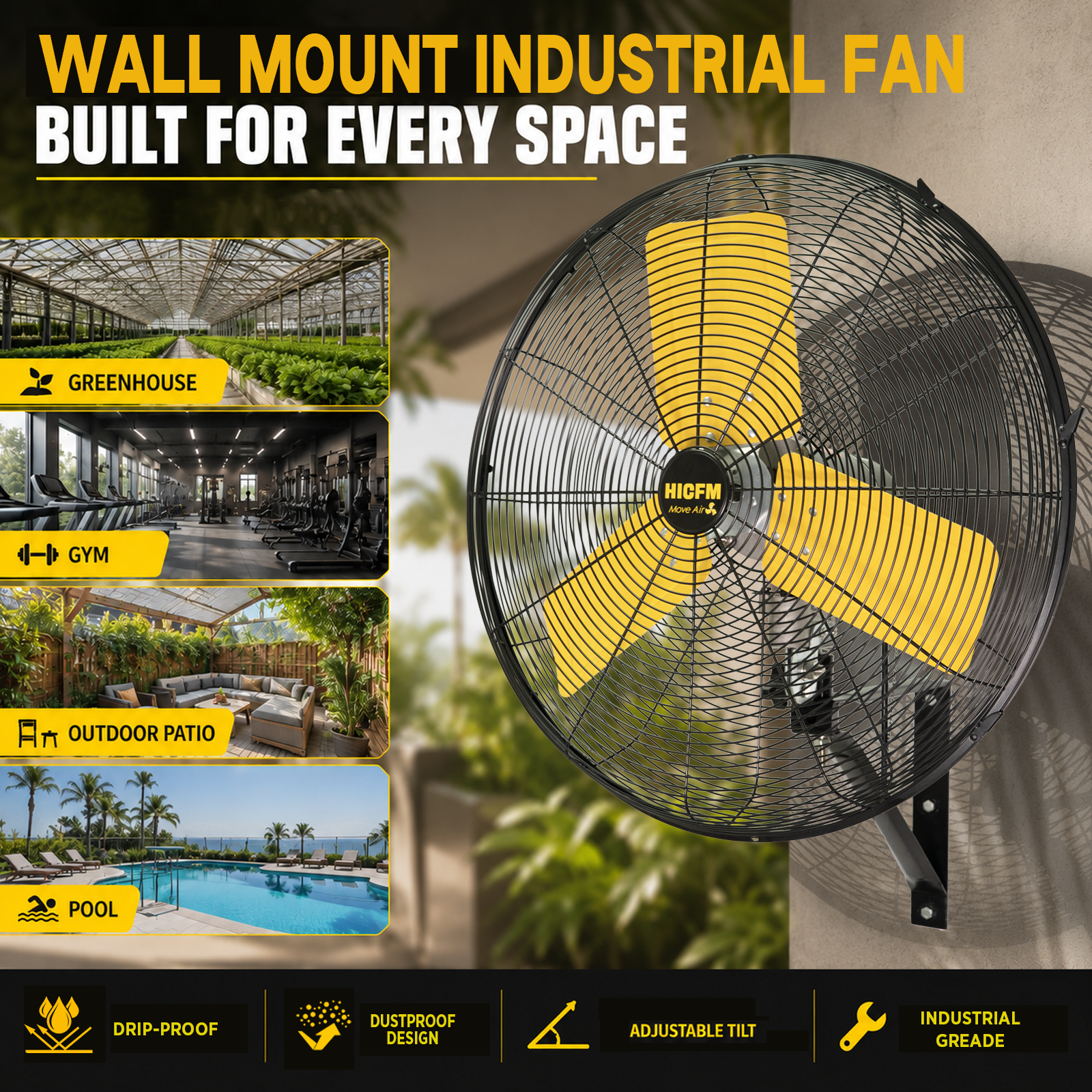 24” Outdoor Commercial Oscillation Wall Fan, 8300 CFM IP44 Waterproof, 3 Speed Heavy Duty Metal Wall Mounted Fan Adjustable Tilt for Patio, Warehouse, Garage, Factory