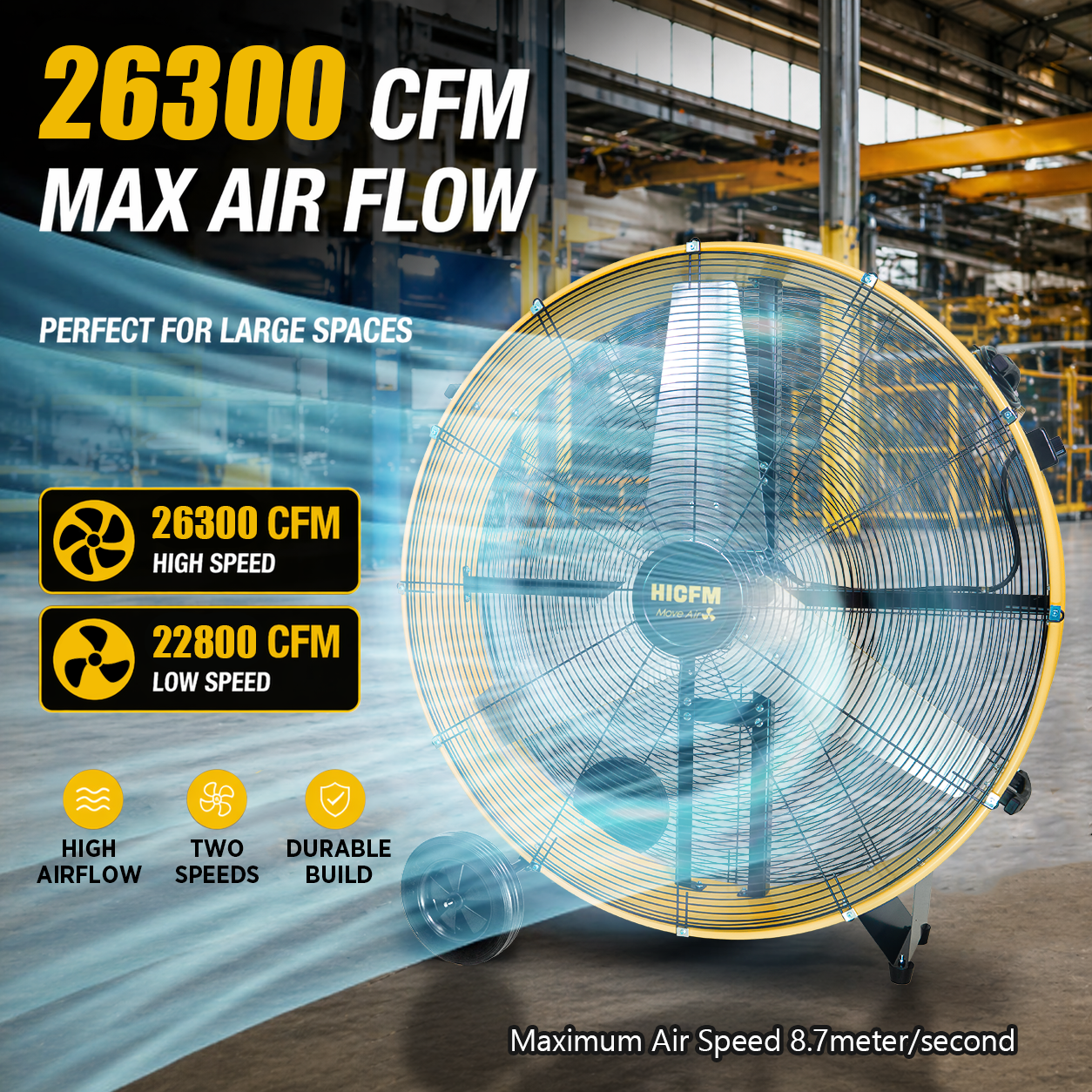 HiCFM 42" Industrial Drum Fan 26300 CFM, H-Cross Frame Heavy Duty 4/5HP Powerful Shop Fan for Garage, Warehouse, Gym and Commercial Cooling