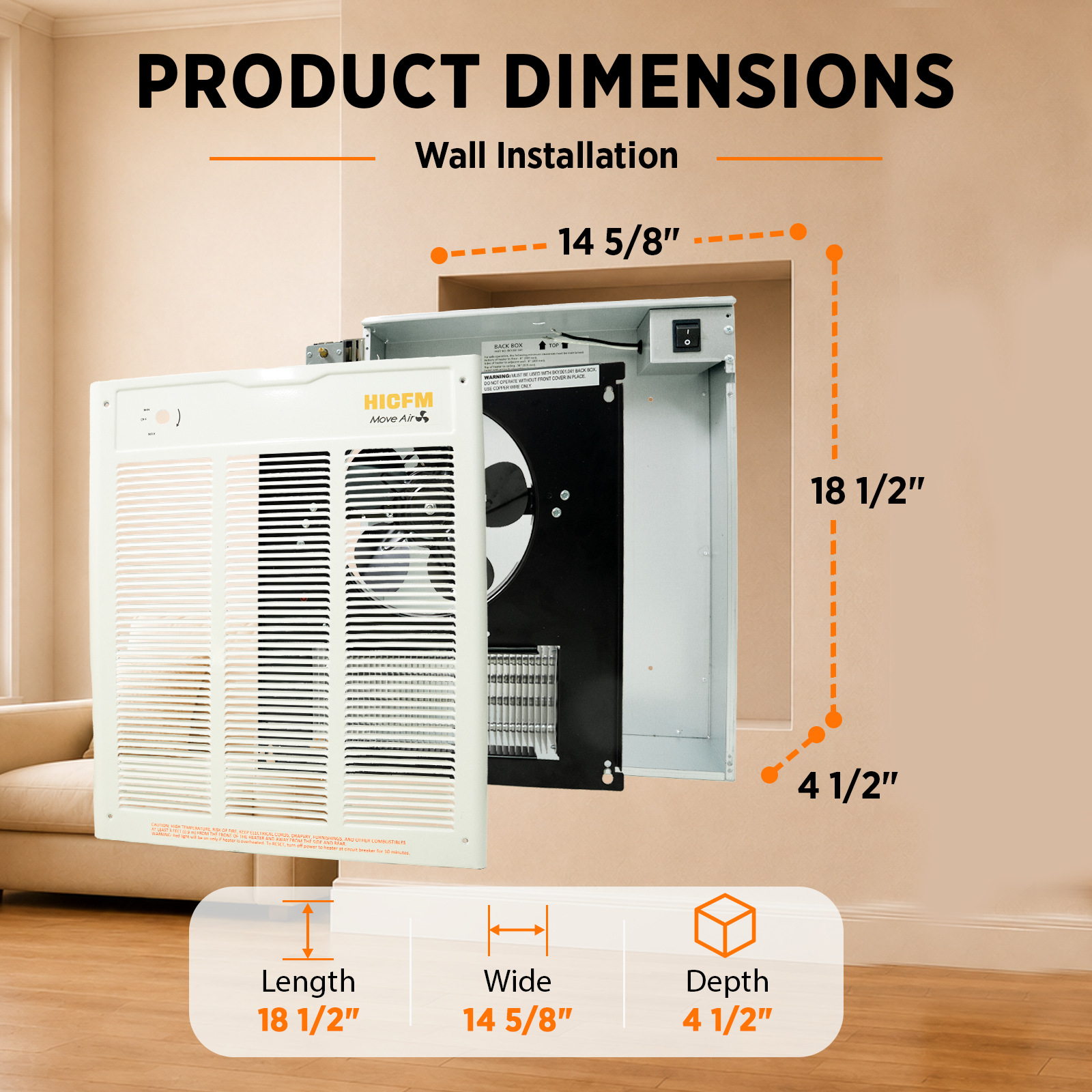 HICFM Electric Fan Forced Wall Heater Fast & Efficient Heating with Thermostat, Enclosed Motor Dual Voltage 240V 4000W 13650BTU (208V 3000W 10236BTU), Install Hole by 14 5/8” Wide X 18 1/2” Tall