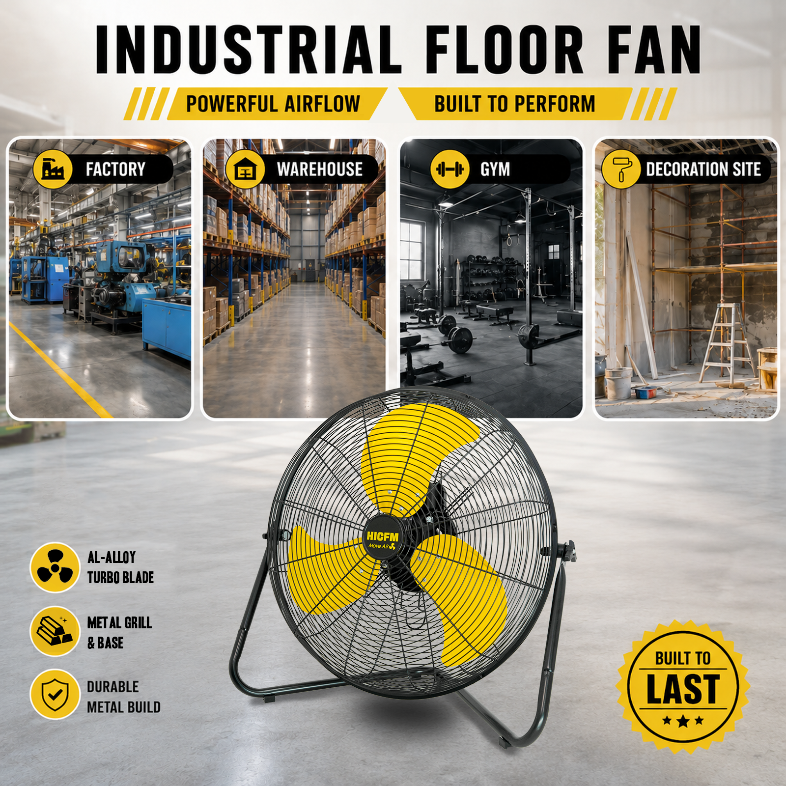 【New Technology】HICFM new TEAO enclosed motor with maximum airflow up to 6200 CFM and air speed even reach significant 10 Meter/Second, much stronger than normal 20inch circulation. Complete sealed mo
