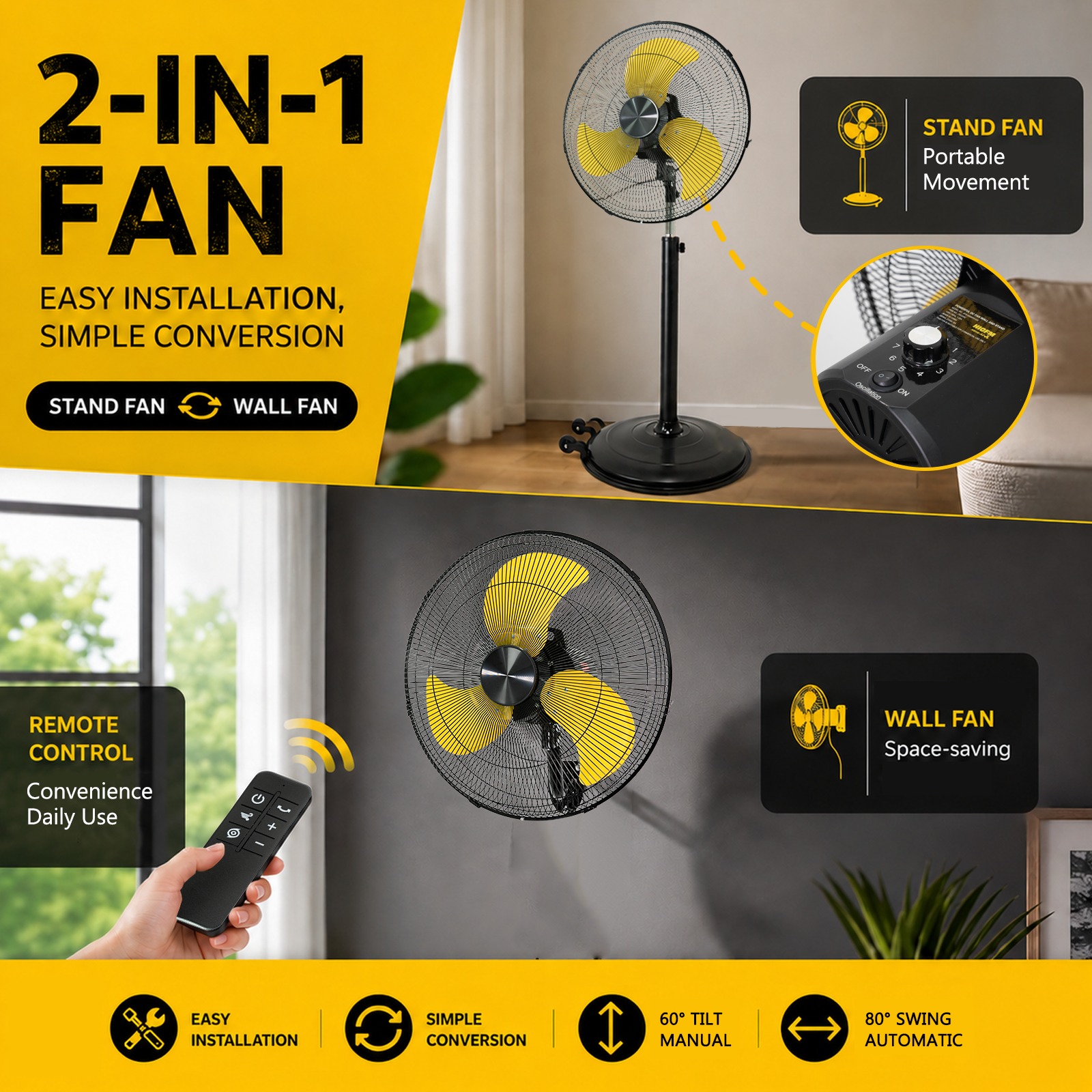 22in Powerful Pedestal Fan, 9 Speeds with 3 modes, 80&deg; Oscillating and 60&deg; Tilting Design, Adjustable Height Stand Fan with Wall Mounted Bracket for Garage, Warehouse, Industrial and Commercial