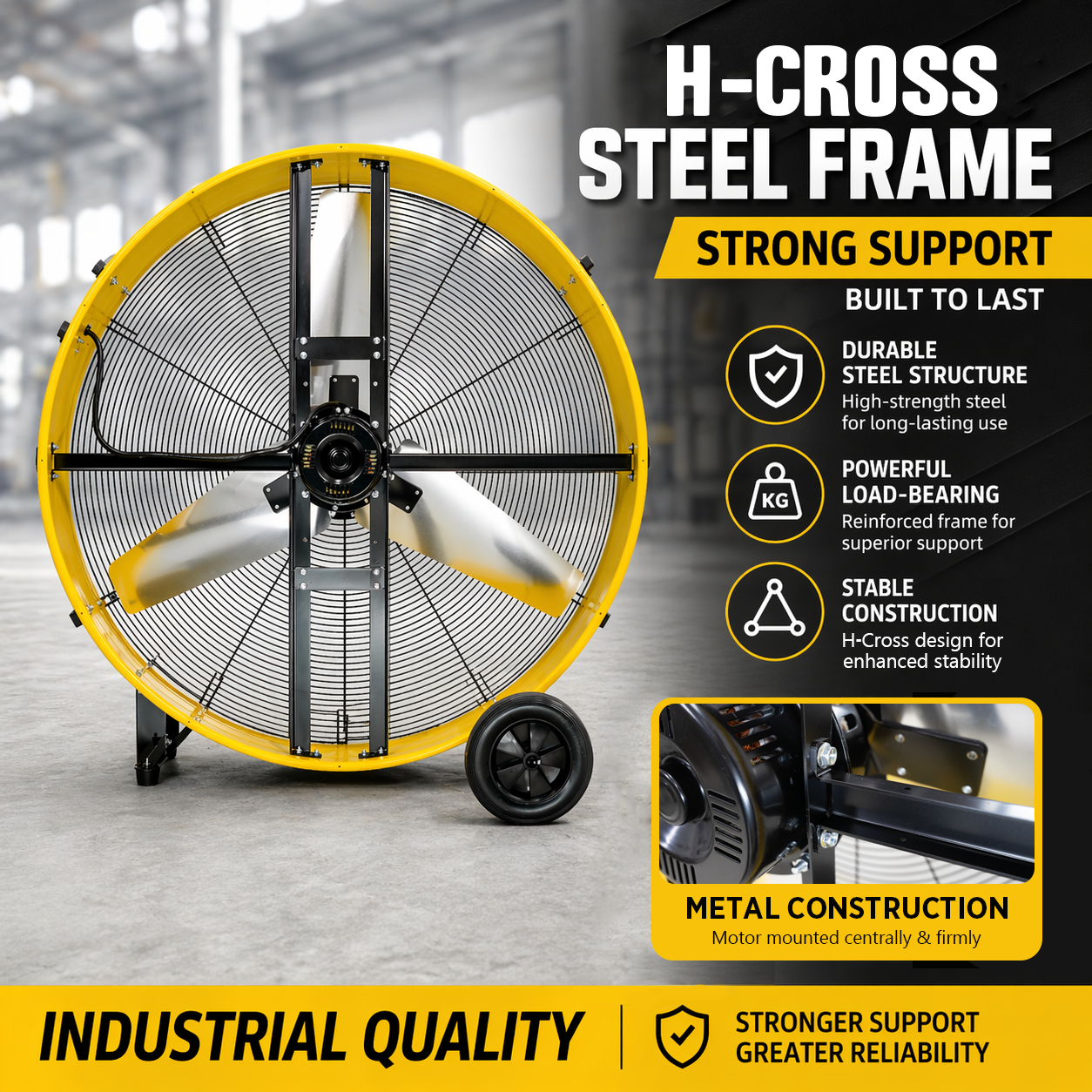HiCFM 42" Industrial Drum Fan 26300 CFM, H-Cross Frame Heavy Duty 4/5HP Powerful Shop Fan for Garage, Warehouse, Gym and Commercial Cooling