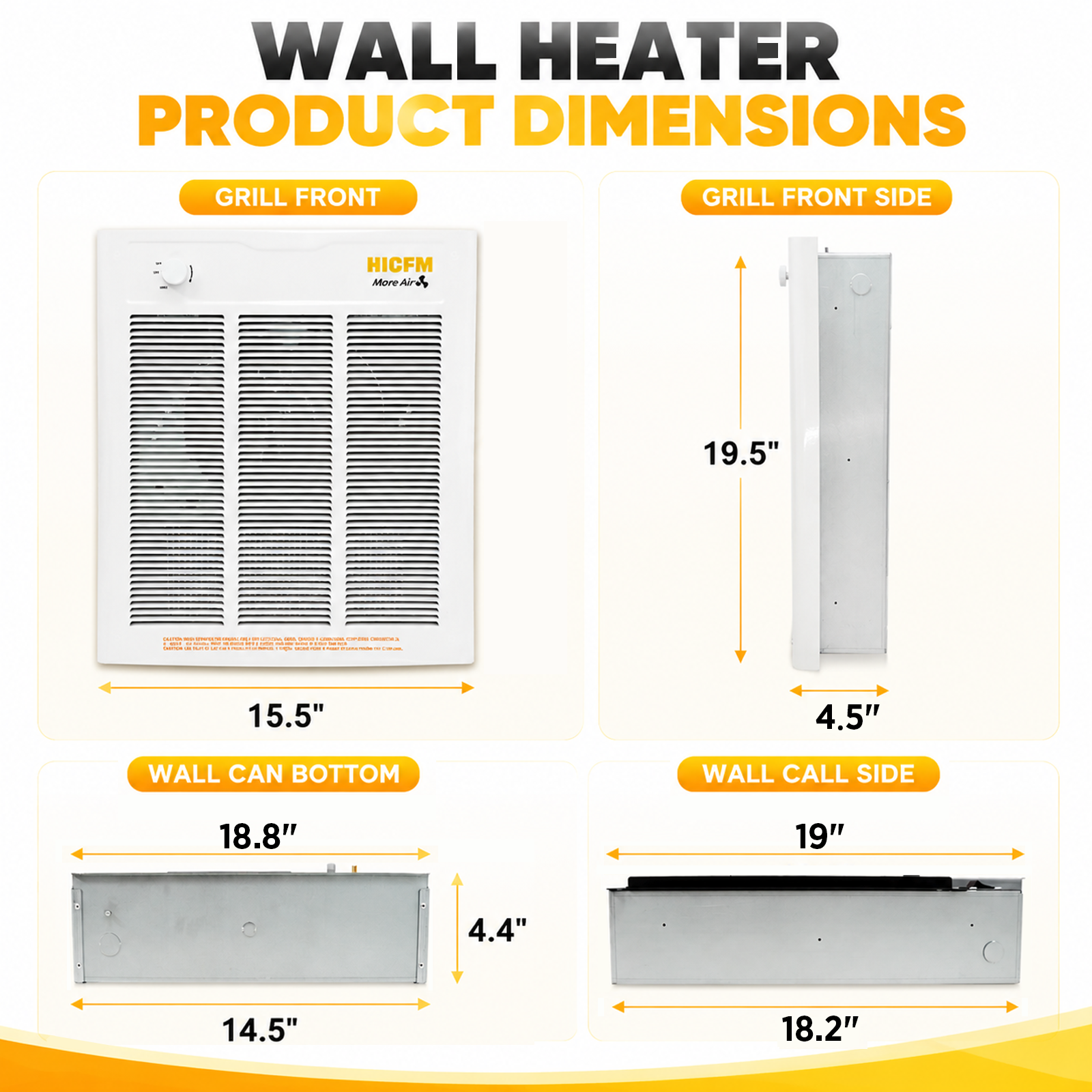 HICFM Electric Fan Forced Wall Heater Fast & Efficient Heating with Thermostat, Enclosed Motor Dual Voltage 240V 4000W 13650BTU (208V 3000W 10236BTU), Install Hole by 14 5/8” Wide X 18 1/2” Tall