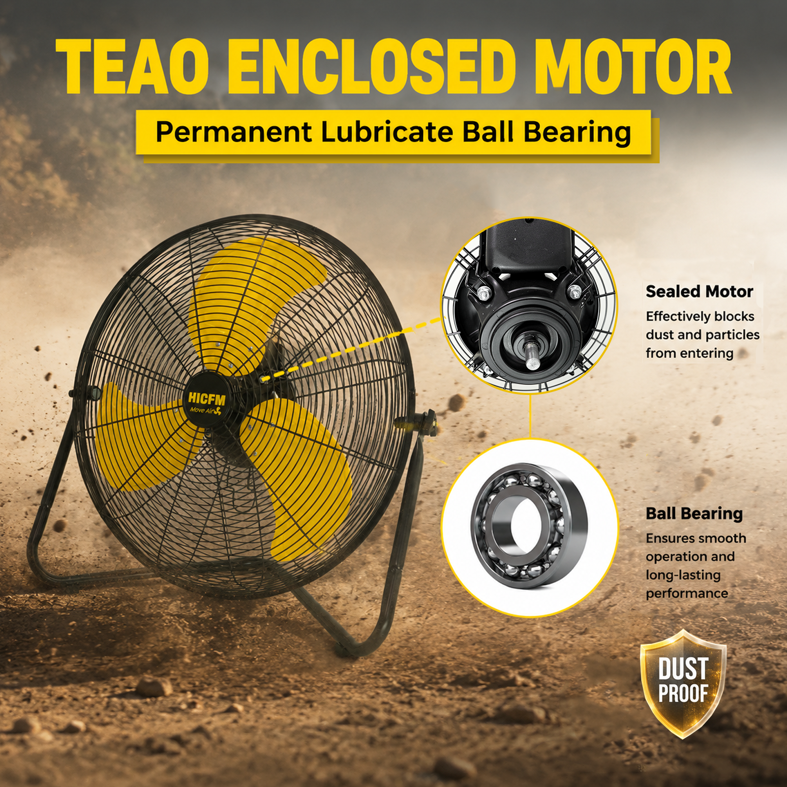 【New Technology】HICFM new TEAO enclosed motor with maximum airflow up to 6200 CFM and air speed even reach significant 10 Meter/Second, much stronger than normal 20inch circulation. Complete sealed mo